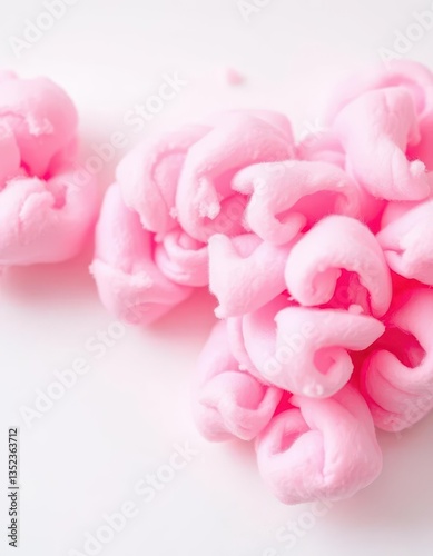 Fluffy pink cotton candy swirls on pristine white background, delicious, carnival, cotton candy