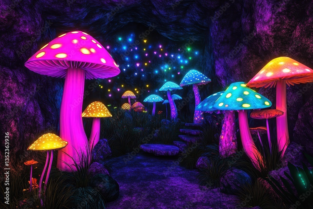 Fototapeta premium A vibrant and fantastical mushroom garden illuminated by colorful lights