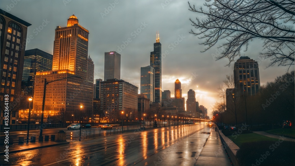 Obraz premium Rainy Evening in a Modern Cityscape with Illuminated Skyscrapers, Urban Photography, Symbol of Resilience and Progress in a Dramatic Atmosphere
