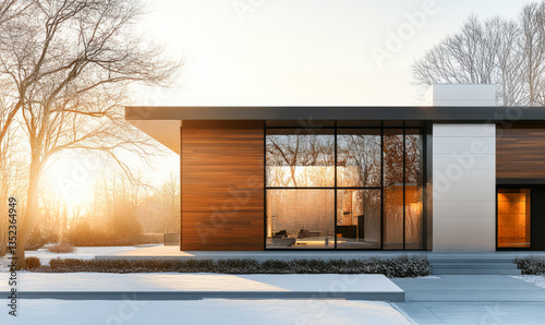 Modern house at dusk surrounded by winter landscape and trees