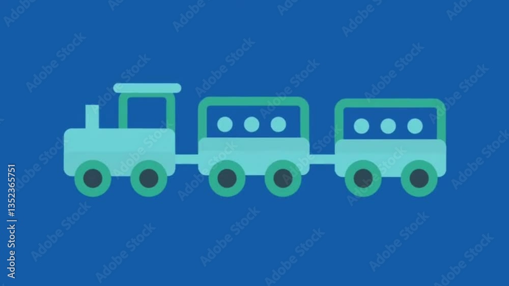 animated toy train icon on blue screen, flat style railway transportation