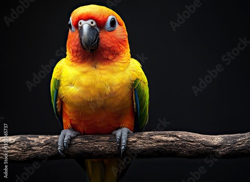 Sun Conure Parrot Perched on Branch with Colorful Plumage Portrait