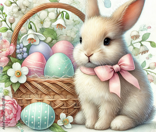 Adorable Easter-themed illustration featuring a fluffy bunny with a pink bow sitting beside a basket of colorful decorated eggs