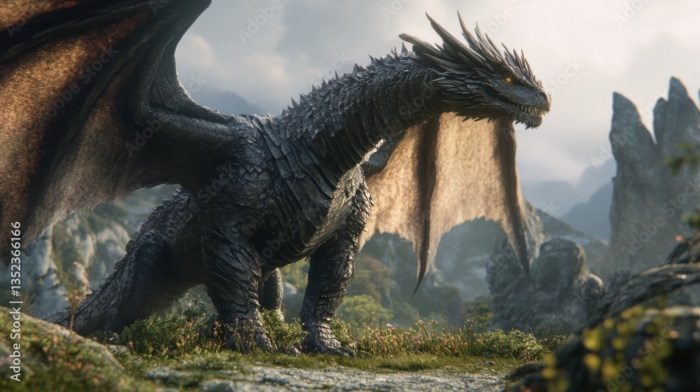 Fototapeta premium Majestic dark fantasy dragon with glowing eyes and fiery wings flying through a mysterious misty landscape – epic mythical creature in a dramatic atmospheric scene