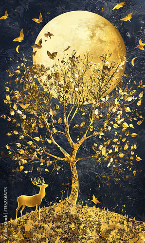 Insanely detailed illustration of a night landscape golden dream
