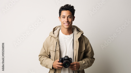 A professional photographer holding a DSLR camera, looking focused and ready to capture a shot.


