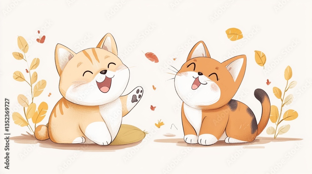 Fototapeta premium Two adorable cats enjoying autumn leaves