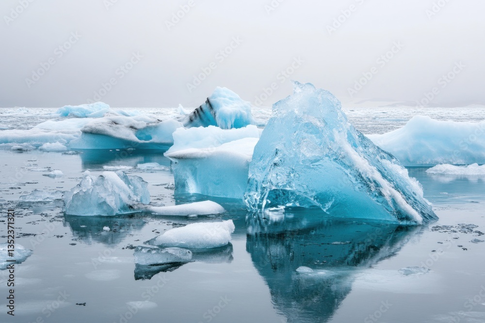Obraz premium Blue Icebergs Floating In A Calm Reflective Body Of Water