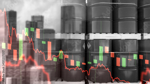 Falling oil prices. Reduced cost of petroleum. Black barrels with oil. Financial chart symbolizes oil crisis. Reduction in prices for petroleum products. Falling cost of hydrocarbons. 3d image