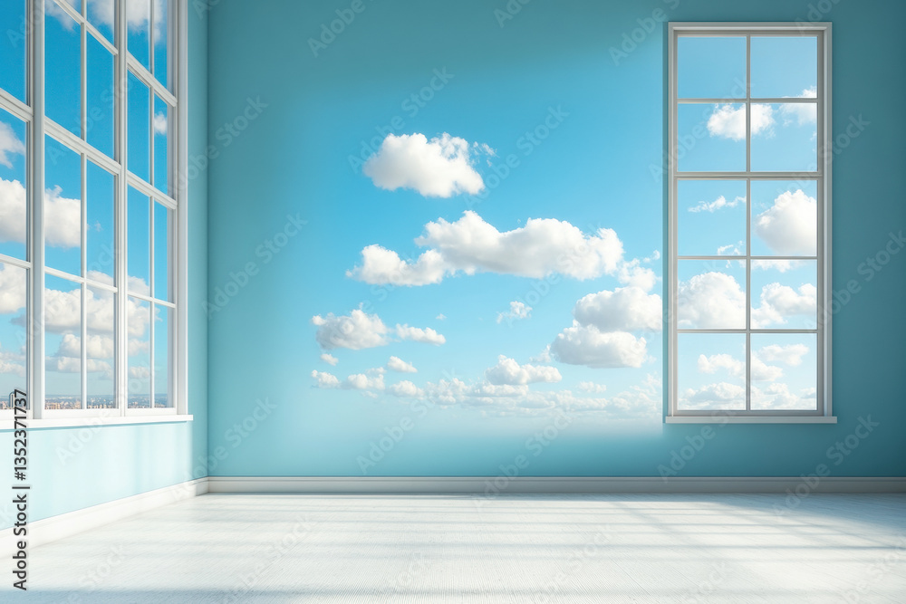 A room with a large window framing a serene sky with fluffy clouds, casting soft light on a minimalist interior with a potted plant and cozy armchair.