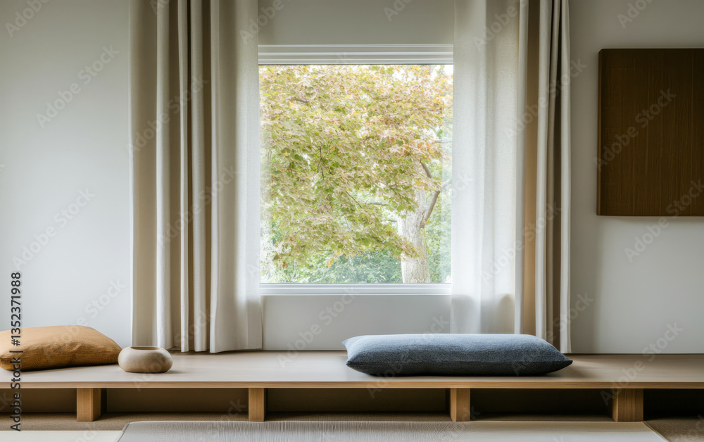 Modern interior design featuring serene window view with natural elements Modern interior design featuring serene window view with natural elements