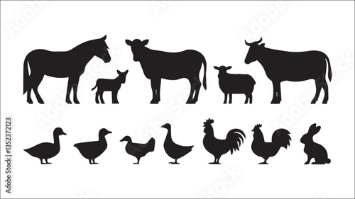 Farm Animal Silhouette Set Horse, Donkey, Cows, Sheep, Duck, Goose, Rooster, Rabbit