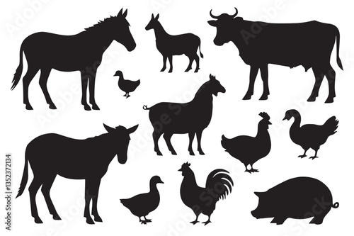 Farm Animals Silhouette Collection Black Cow, Horse, Pig, Sheep, Chicken, and Duck Set