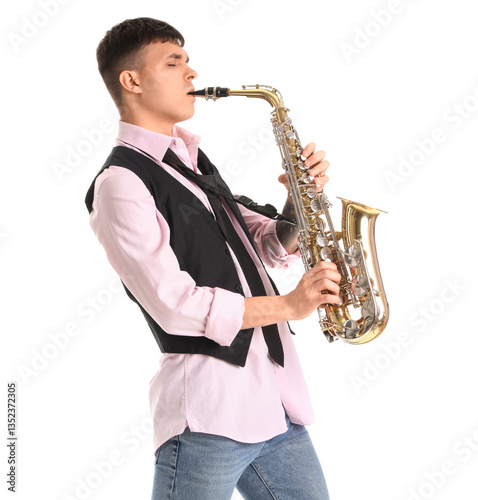 Young man playing saxophone...