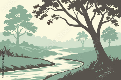 16 Serene watercolor landscape, winding river, lush green trees, tranquil forest scene, soft misty background, gentle curves, verdant foliage, peaceful nature illustration, muted color palette, flowin