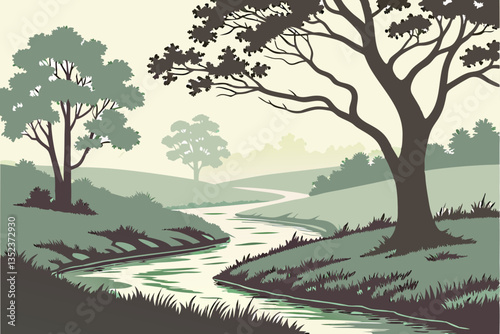 16 Serene watercolor landscape, winding river, lush green trees, tranquil forest scene, soft misty background, gentle curves, verdant foliage, peaceful nature illustration, muted color palette, flowin