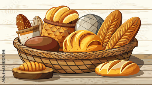 Different freshly baked bread loafs and wicker basket on white wooden table, closeup. Space for text
