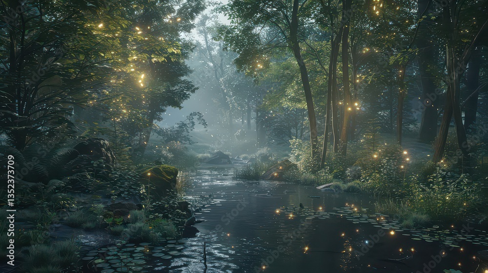Fototapeta premium A dreamy forest scene at twilight with fireflies adding a soft, mystical glow to the surroundings. 