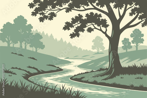 16 Serene watercolor landscape, winding river, lush green trees, tranquil forest scene, soft misty background, gentle curves, verdant foliage, peaceful nature illustration, muted color palette, flowin