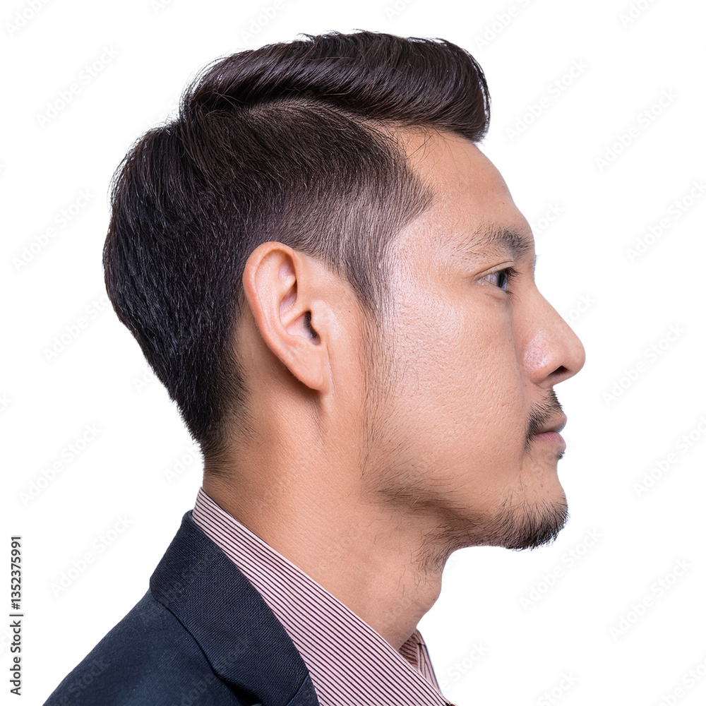 a side profile portrait of an asian man, featuring a modern hairstyle and a neatly trimmed beard, dressed in a suit jacket. He gazes thoughtfully forward a side profile portrait of an asian man, featuring a modern hairstyle and a neatly trimmed beard, dressed in a suit jacket. He gazes thoughtfully forward