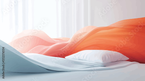 Close-up shot of a bed with abstractly draped orange and white bed linen. The focus is on the texture and folds of the fabric, with soft lighting creating highlights and shadows.  The background is