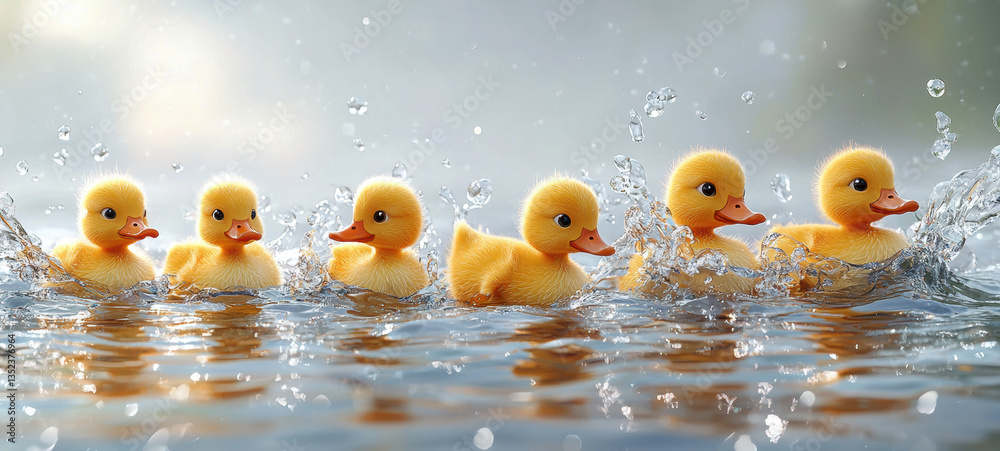 Adorable ducklings swimming in serene pond, creating ripples and showcasing heartwarming family moment Adorable ducklings swimming in serene pond, creating ripples and showcasing heartwarming family moment