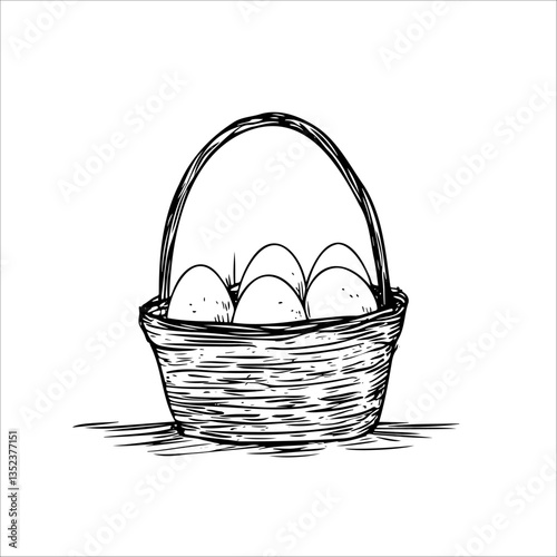 Charming hand-drawn vector illustration of wicker basket filled with eggs. Ideal for Easter themes, cooking blogs, or natural product promotions. Perfect blend of rustic and modern design.