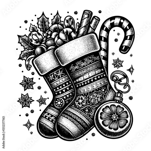 Christmas sock sketch engraving black and white outline. Scratch board imitation.