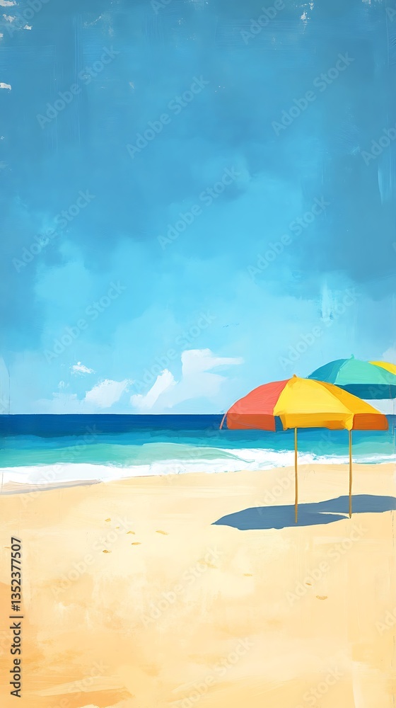 Bright beach umbrellas shading sand under blue summer sky Bright beach umbrellas shading sand under blue summer sky