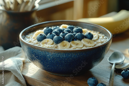 Bowl of oats topped with bananas and blueberries.