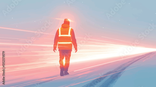 The image depicts a stylized silhouette of a person wearing a high-visibility vest walking away from the viewer.  The background is a blurred representation of a road or path with streaks of bright