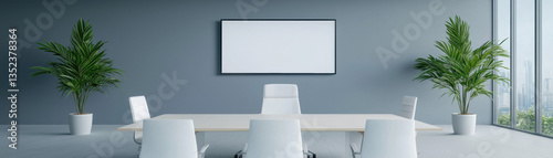 modern conference room with minimalist design, featuring large blank screen, white chairs, wooden table, and green plants