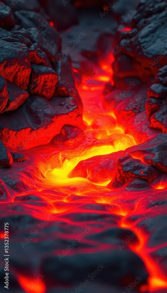 Fototapeta premium Molten rock flows, incandescent orange and red, smooth surface, high resolution, magma