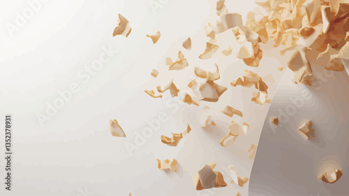 The image presents a high-key, close-up view of numerous small, light gold, irregularly shaped fragments dispersed against a predominantly white background.  The fragments appear to be in motion or