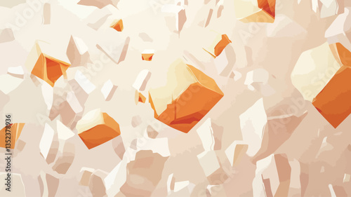 The image is an abstract illustration featuring a collection of orange and white geometric shapes. The shapes appear three-dimensional and are rendered with a glossy finish.  They are irregularly