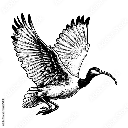 Ibis bird flying sketch engraving black and white outline. Scratch board imitation. illustrated in vintage line art style on a white background.
