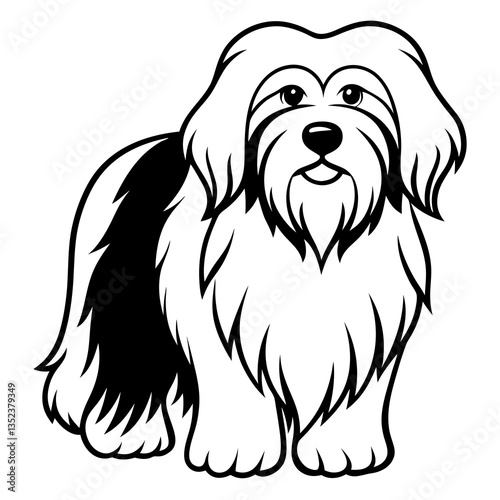 Charming Canine Portrait: A detailed and endearing illustration of a fluffy, happy dog, showcasing its adorable features in a captivating monochrome design.