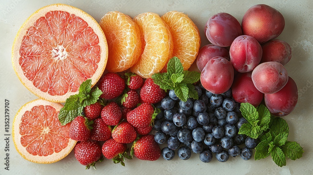 Naklejka premium Colorful summer fruits and berries arrangement. Healthy food flatlay for recipe blog or magazine