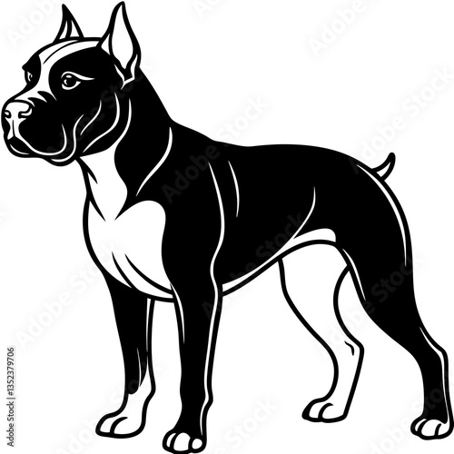 Confident Canine: A striking black and white illustration of a powerful dog stands poised, its muscular frame and alert gaze capturing attention.