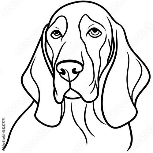 Bassett Hound Outline: A minimalist black and white outline of a basset hound with its characteristic droopy ears and soulful expression, embodying loyalty and gentleness.