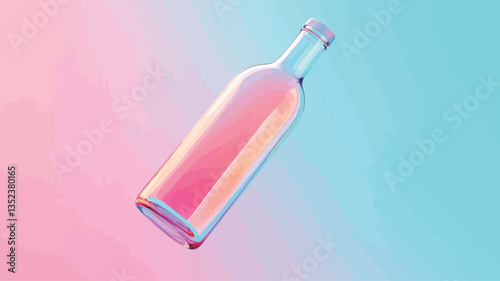 The image shows a transparent glass bottle, slightly angled,  floating against a pastel background. The background transitions smoothly from pink to light blue. The bottle is empty, allowing the