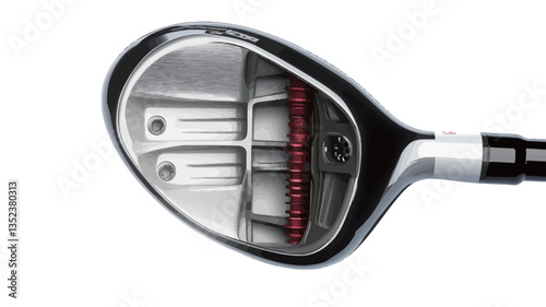 Close-up studio shot of a golf club driver head, showcasing internal components and weighting system. The image shows the clubface, crown, and internal structure with visible weights.  The color
