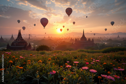 Sunrise in Bagan with Hot Air Balloons and Wildflowers in Bloom