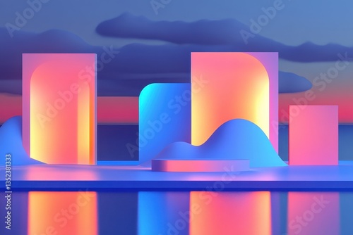Colorful geometric shapes and landscapes are reflected below the horizon line