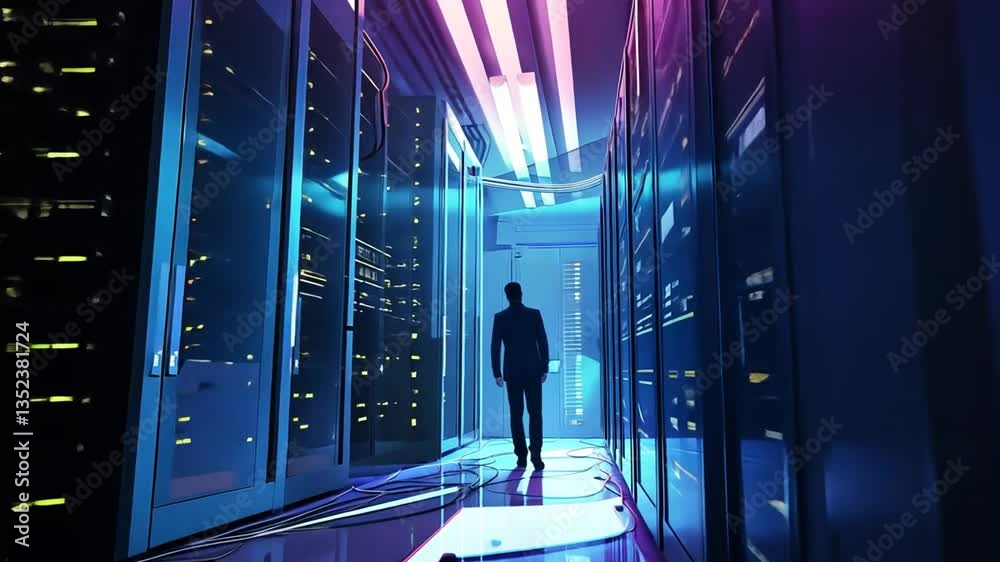 Rechenzentrum mit Person im Serverraum