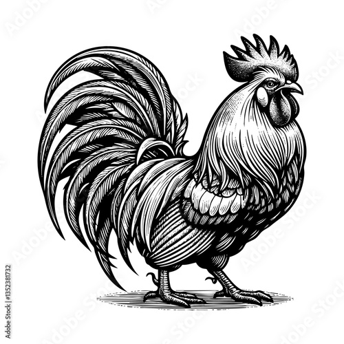 Rooster sketch engraving black and white outline. Scratch board imitation.  illustrated in vintage line art style on a white background.