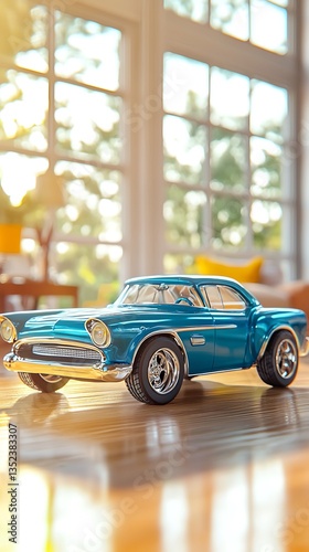 Teal Vintage Toy Car Model on Wooden Surface