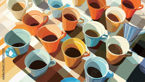 High-angle, close-up view of a stylized painting depicting numerous cups filled with coffee. The cups are arranged in a grid-like pattern on a surface with a checkered pattern.  The cups are