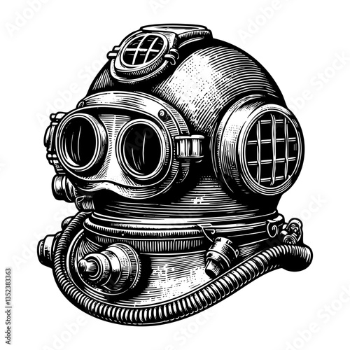 vintage diving helmet sketch engraving black and white outline. Scratch board imitation.