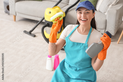 Female janitor cleaning car...